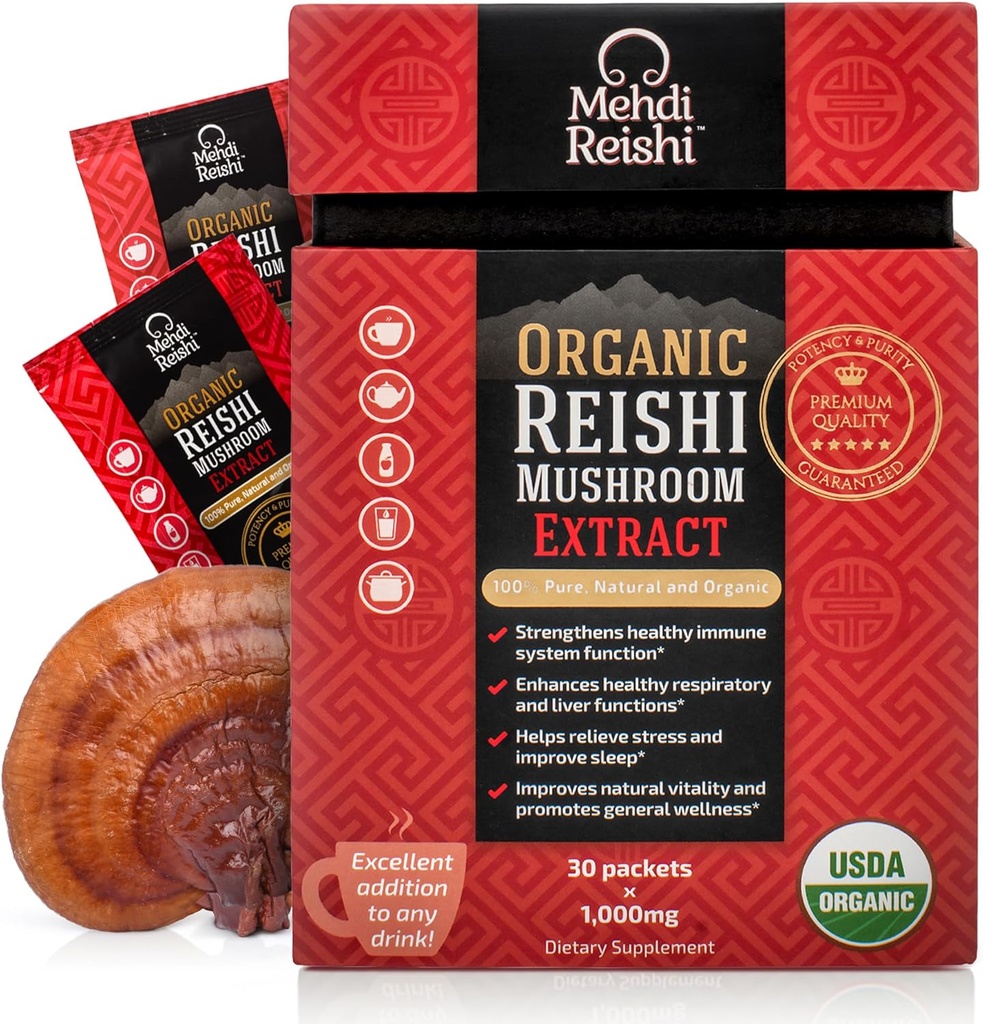Organic Reishi Mushroom Extract Fruiting-Body Powder 35% Beta Glucan – 100% Pure, Premium and Organic –30 Servings–Ganoderma Lucidum, Lingzhi, Tea