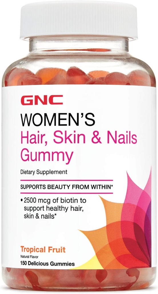 GNC Kadın Saçları, Skin & Nails Gummy - Tropikal Meyve, 150 Gummies, Güçlü ve Sağlıklı Saçlar için Biotin, Skin ve Nails