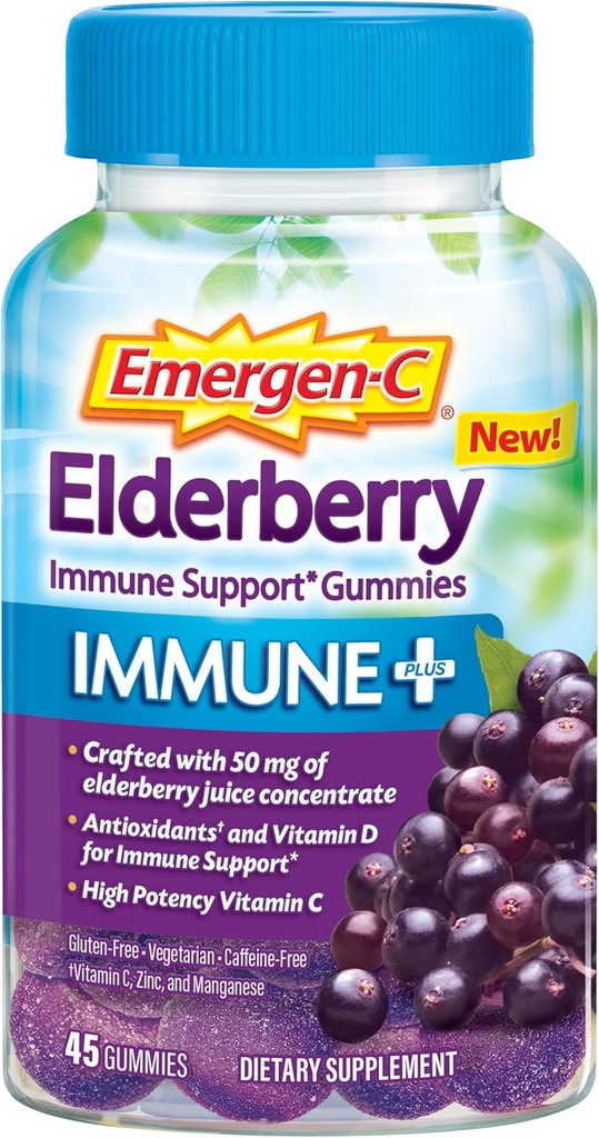 Emergen-C Immune+ Elderberry Gummies, 750 mg C Vitamin D, çinko ve Electrolytes, Immune Support Diyetary Supplement, Caffeine Free, Gluten Free, Elder Flavor - 45 Count
