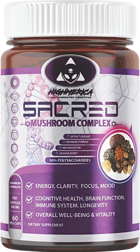 7 Kutsal Mushroom Kompleksi - Lion's Mane, Cordyceps, Reishi, Türkiye Tail, Chaga, Maitake & Shiitake - Nootropic for Brain and Cognitive Support - Energy & Immunity