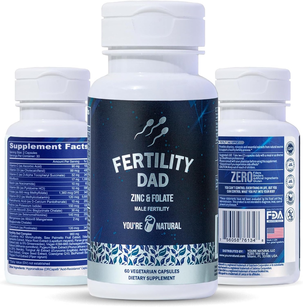 You'RE NATURAL Erkek Ferttitude Vitamins, Optimal Sperm Kont, Motness ve Güçlü, Ashwagandha, Folic Acid 800 mcg, Magnezyum, Maca Root, L-carnitine, L-carnitine, Vitamin C, E, D3, çinko | 30 Gün Supply