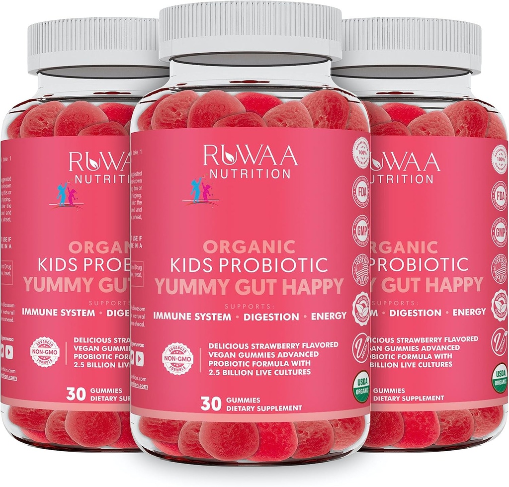 Kid Probiyotik Gummies For Digestive Health, Chewable Daily Probiyotik For Kids Ages 4+. Oral Bakım, Abdominal Discomfort, Gut Health. Strawberry Flavor, USDA Organik, Çocuklar için Probiyotikler 90ct (3)