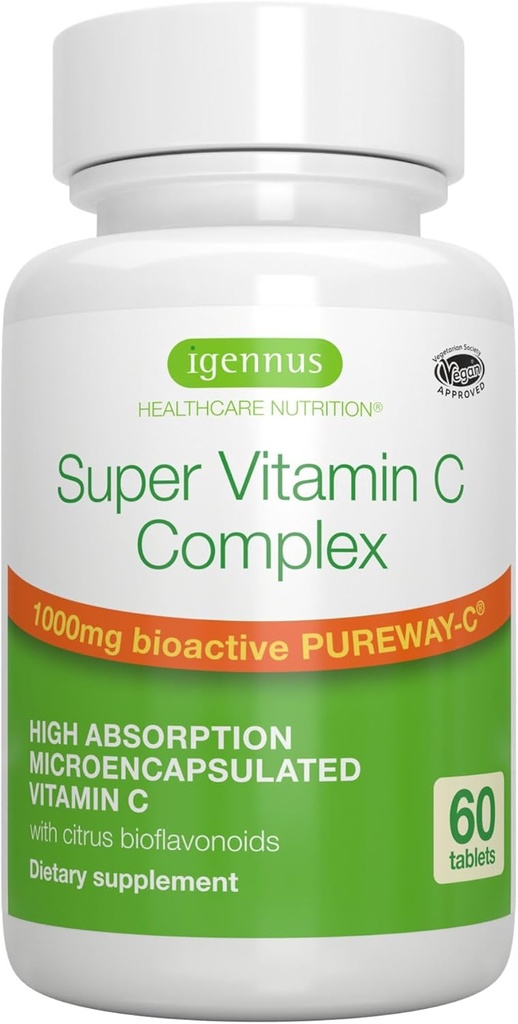 Igennus High Abxia Super Vitamin C, Clean Label Pureway-C 1000 mg, Vegan Vitamin C with Bioflavonoids, 60 Hizmet, 24 Saat Eylem, Immune Health, Energy, Heart & Brain