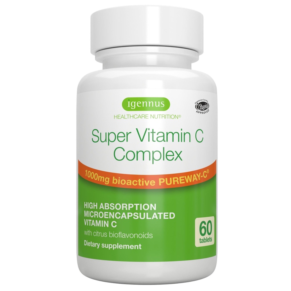 Igennus High Abxia Super Vitamin C, Clean Label Pureway-C 1000 mg, Vegan Vitamin C with Bioflavonoids, 60 Hizmet, 24 Saat Eylem, Immune Health, Energy, Heart & Brain