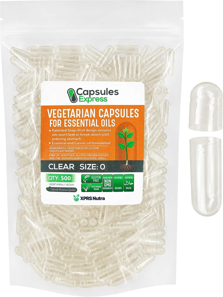XPRS Nutra Boyutu 0 Boş Vegan Capsules - Temel Petroller için 500 Kont Clear Veggie Capsules - Boş Sebze Do-Kendi Caps, Çoğu Temel Yağlarla Çalışıyor
