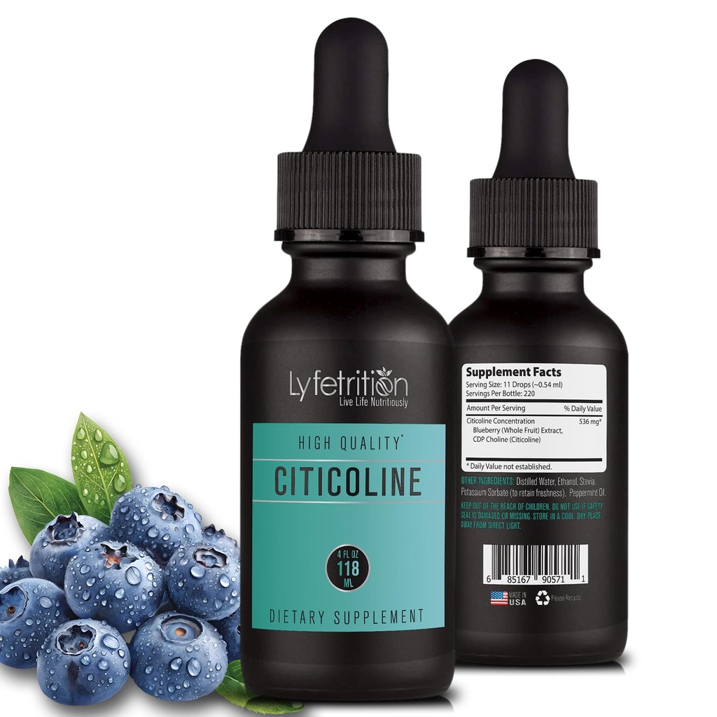 Lyfetrition Citicoline Liquid Drops 536 mg, 4 Oz Liquid, 220 Servings, Made in USA, Quick Absorvation, Quality Potent Ingredients, Non-GMO, GMP Certified, Cruelty-Free Products