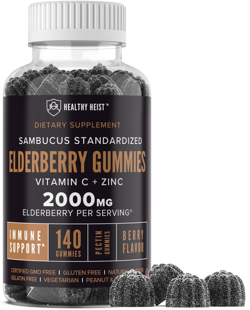Sambucus Black Elder Gummies with çinko and Vitamin C, 140 Gummies, Chewable Immune Support for Yetişkinler and Kids, Non GMO, Kosher, Pectin, Vegan, Delicious Berry Flavor
