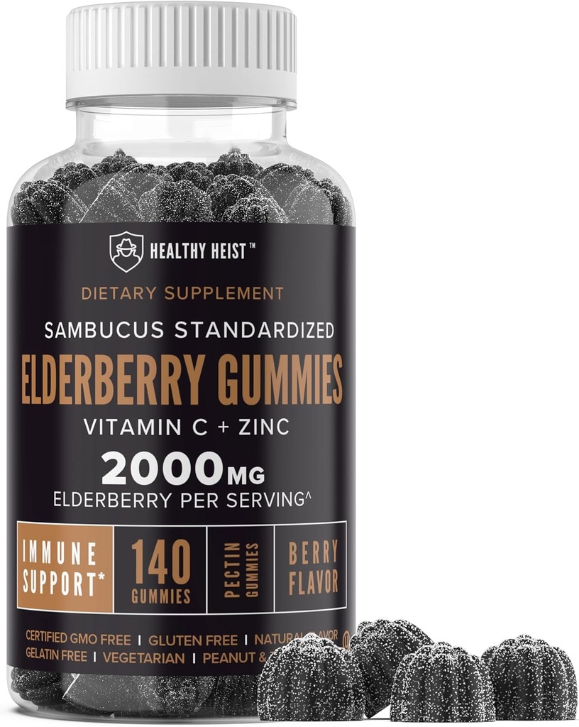 Sambucus Black Elderberry Gummies with Zinc and Vitamin C, 140 Gummies, Chewable Immune Support for Adults and Kids, Non GMO, Kosher, Pectin, Vegan, Delicious Berry Flavor