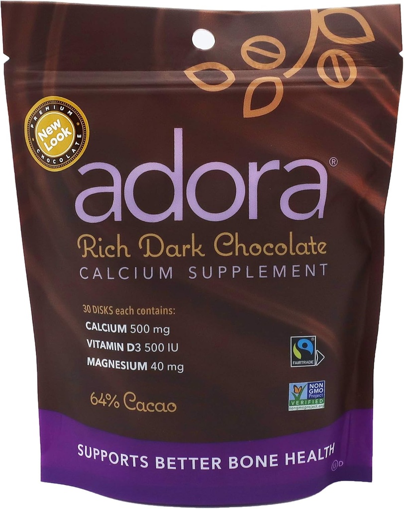 Adora συμπλήρωμα ασβεστίου, Fairtrade σκούρα σοκολάτα, ενιαία συσκευασία - 30 ct