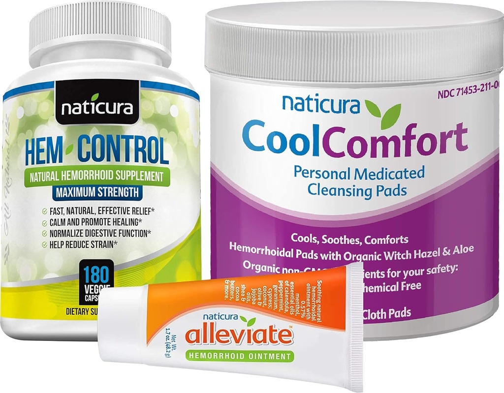 Sche - Alleviate Natural Hemorrhoid Relief Ointment, Hem-Control Natural Hemorrhoid Supplement (180) ve CoolComfort Personal Cleansing Pads (100 Count) - All-Doal, Fast Acting