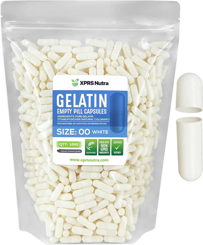 XPRS Nutra Μέγεθος 00 Κενές κάψουλες - 1000 Count Empty Gelatin Κάψουλες - DIY Καψάκιο Γέμισμα - Γέμισμα χάπια Gel Caps για Do-It-Yourself Συμπληρώματα (White)