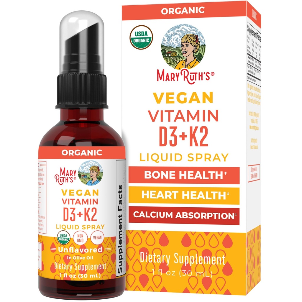 MaryRuth's Organic D3 + K2 Spray for Adults & Kids for Bone Health | Vitamin D3 as Cholecalciferol | Vitamin K2 | Immunity | Mineral Absorption | Heart Health | Vegan | Non-GMO | Gluten Free | 1 Fl Oz