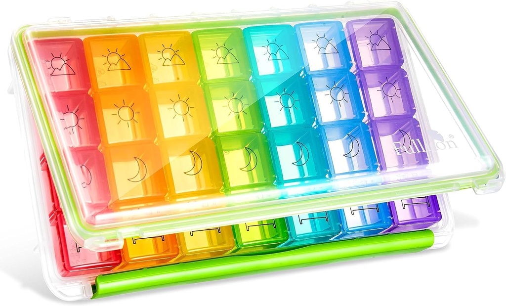 Fullicon Weekly Pill Organizer 4 Times a Day, Pill Box 7 Day for Travel, Moisture-Proof Daily Pill Box Organizer, Büyük Pill Case for Medicine, Vitamin, Fish Oil, and Supplement (Clear and Green)