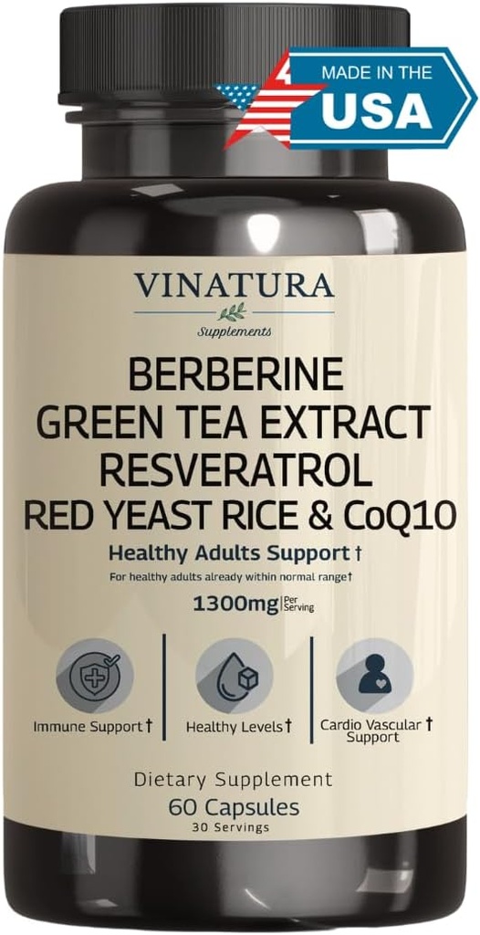 VINATURA Βερβερίνη HCL & Ceylon Κανέλα - Κόκκινο ρύζι ζύμης & CoQ10 1300mg ανά υπηρεσία *USA Made & Tested* Υγιή επίπεδα με εκχύλισμα πράσινου τσαγιού, ρεσβερατρόλη, μαγνήσιο, γλυκινικό, πικολινικό χρώμιο