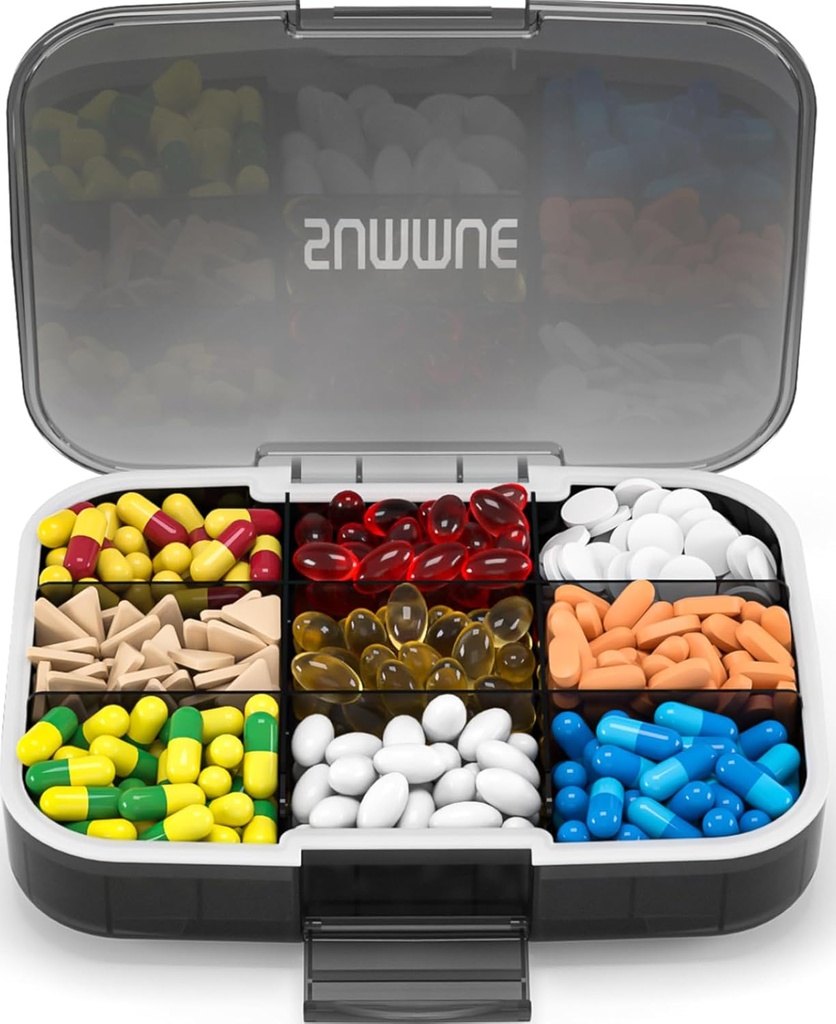 Large Pill Organizer, 9 Compartments Portable Travel Pill Box Case Moisture Proof, XL Pill Container Holder for Vitamins, Cod Liver Oil, Supplements, Medication (Black)