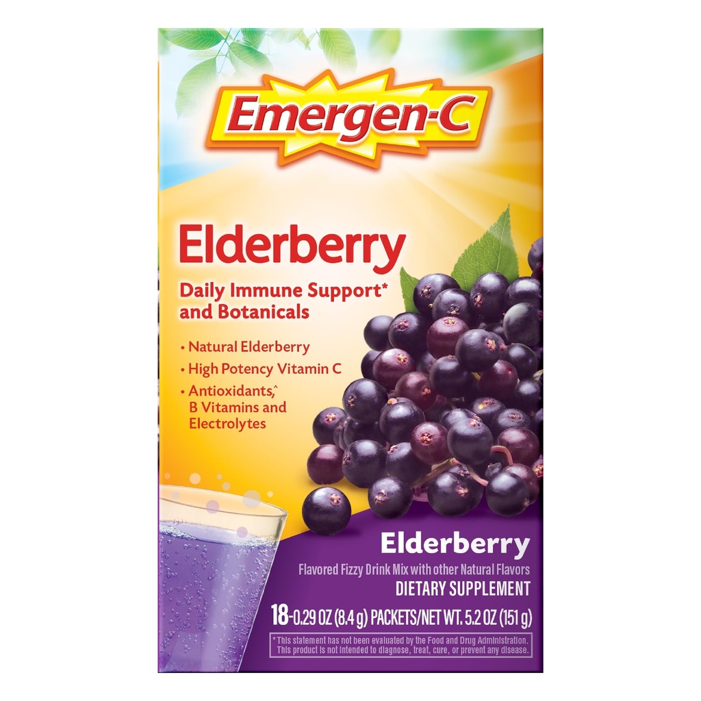 Emergen-C Elder Fizzy Drink Mix, Elderberry Immune Support, Natural Flavors, With High Potency C, 18 Count