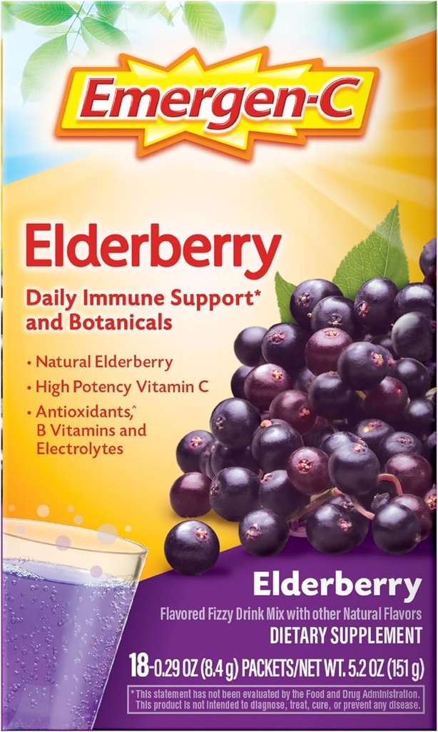Emergen-C Elderberry Fizzy Drink Mix, elderberry ανοσοποιητική υποστήριξη, φυσικές γεύσεις, με υψηλή δραστικότητα βιταμίνη C, 18 κόμης