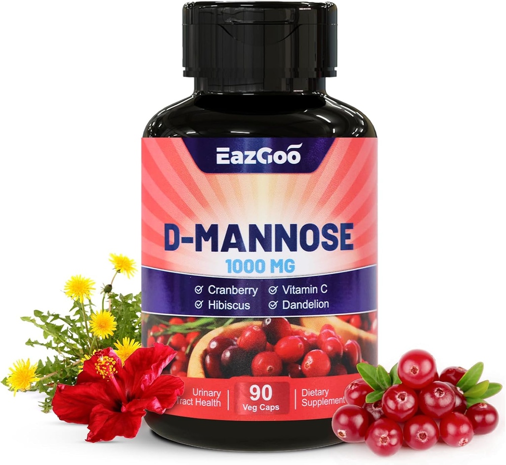 D-Mannose Supplement - Cranberry ile 1000 mg Capsules, C, Hibiscus & Dandelion Ekstraksiyon, Destek Urinary Health, D Mannose & Cranberry Capsules, 90 Count Capsules