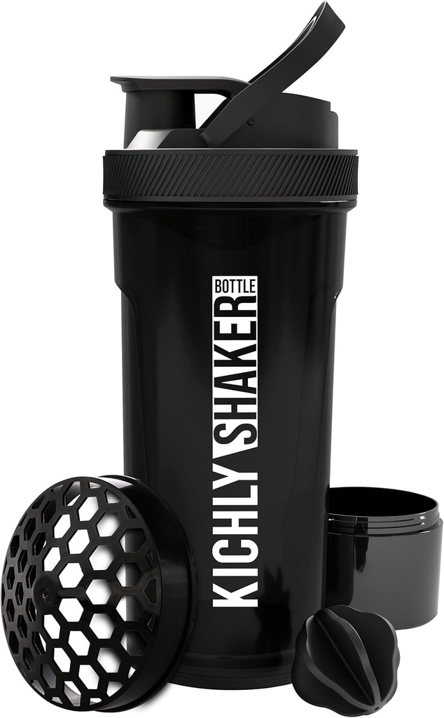KICHLY Shaker Şişe 1 Pack - 24 Ounce Plastik Protein Shaker Şişe Pre & Post egzersiz için Twist & Lock Protein Box Storage (Black)