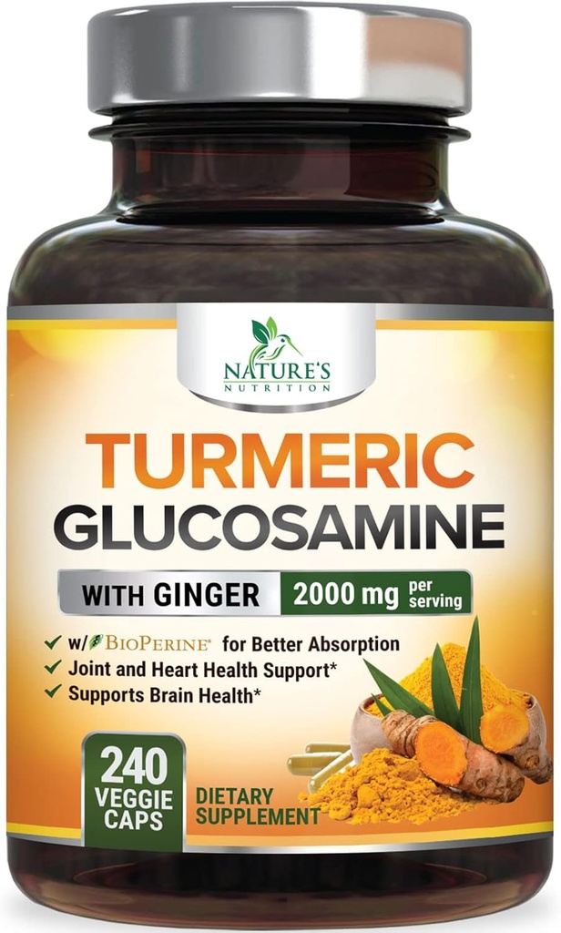 Turmeric Curcumin Supplement 2000 mg -% 95 Curcuminoids with Glucosamine, Ginger & MSM, BioPerine Black Pepper for Best Abors, Nature's Vegan Ortak Destek, Non-GMO, Şişed in USA - 240 Capsules