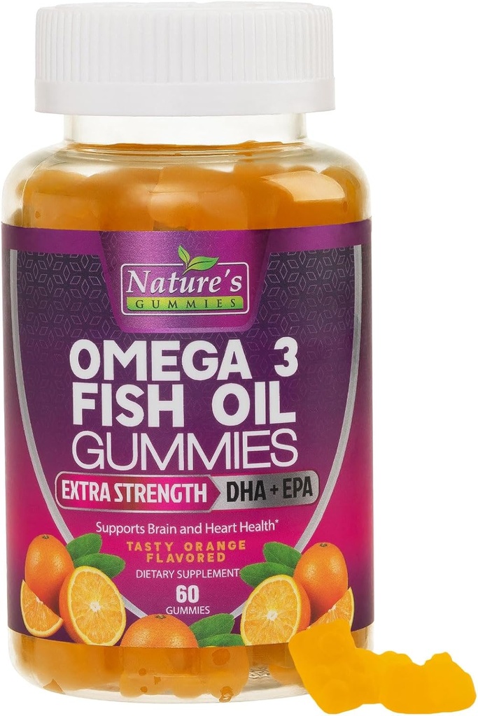 Omega 3 Fish Oil Gummies, Kalp Sağlıklı Omega 3 Gummy Supplement with High Abors DHA & EPA, Ekstra Güçlü Ortak & Beyin Desteği, Lezzetli Balık Yağı Doğası Vitamini - 60 Gummies