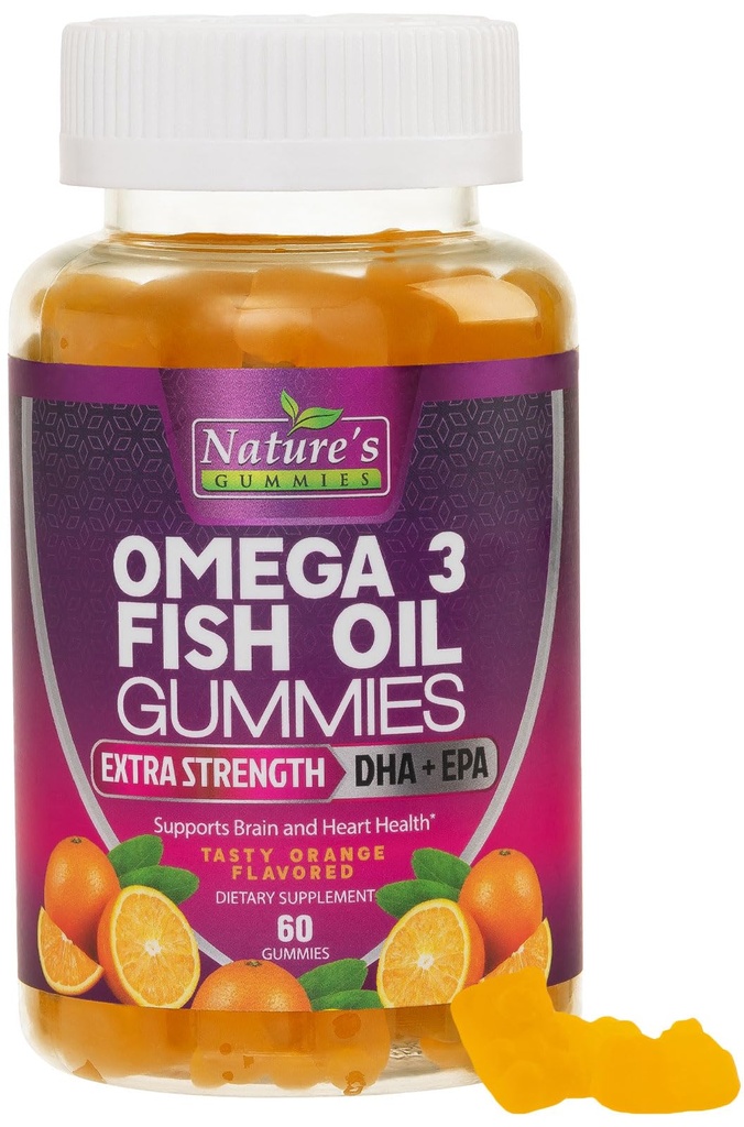 Omega 3 Fish Oil Gummies, Kalp Sağlıklı Omega 3 Gummy Supplement with High Abors DHA & EPA, Ekstra Güçlü Ortak & Beyin Desteği, Lezzetli Balık Yağı Doğası Vitamini - 60 Gummies