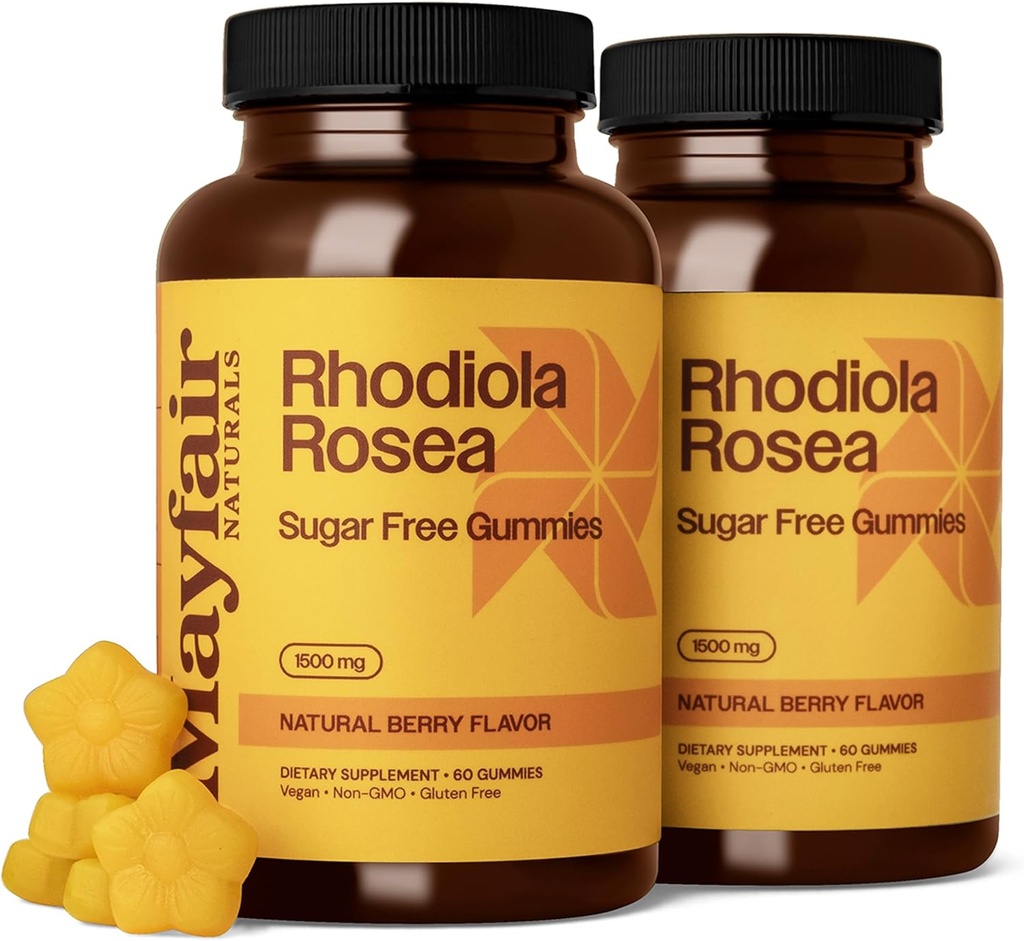 Rhodiola Rosea Sugar Free Gummies (2 Pack), Diyeter Supplement, 1500 mg, 60 Gummies Her (120 Toplam), Doğal Berry Flavor