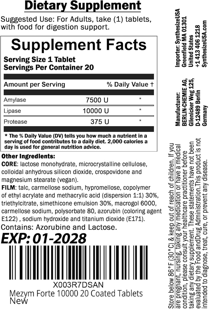 Grace nnvg Mezym Forte 10000, 20 Tablet (Dietary Supplement, Pancreatin Enzymes for Digestion Support)