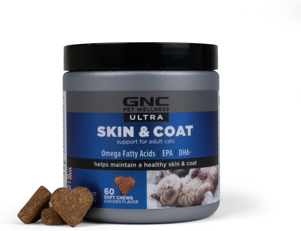GNC Pets Ultra Skin & Coat Yumuşak Chews, Chicken Flavor Cat Vitamins, Anti Shedding Supplement for Cats with Kuru Skin, Treatment and Dandruff Relief, 60