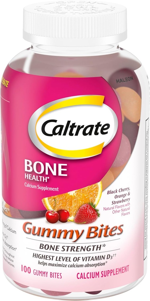 Caltrate Gummy Bites 500 mg Συμπλήρωμα ασβεστίου και βιταμίνης D, Μαύρο κεράσι, Φράουλα, Πορτοκαλί - 100 Count