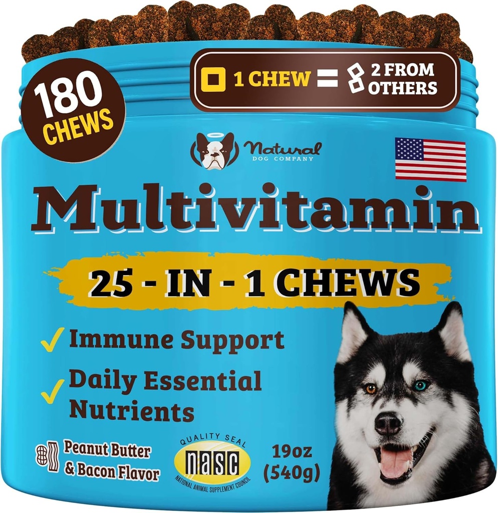 Doğal Köpek Şirketi Köpekler için 25-in-1 Çokvitamin Chews - 180 Kont Değer Paketi - Antioksit ve Folic Asit ile Günlük Yumuşak Köpek Vitaminleri - Ortaklar, Skin & Coat, Immune & Heart Health