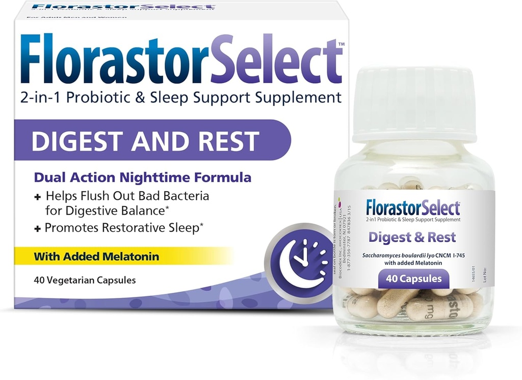 Florastor Probiyotik Digest and Rest, Saccharomyces Boulardii Probiyotiks with Melatonin (4mg), Natural Sleep Aid + Digestive Support, 40 Capsules