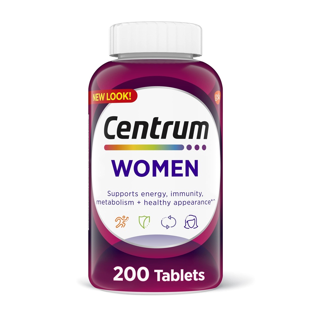 Centrum Multivitamin Tablet για γυναίκες, Multivitamin/ Multimineral συμπλήρωμα με σίδηρο, βιταμίνη D3, Β Βιταμίνες και Αντιοξειδωτικές Βιταμίνες C και E, Χωρίς γλουτένη, Μη ΓΤΟ Συστατικά - 200 Μέτρα