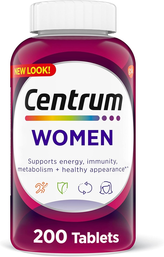 Kadınlar için Centrum Multivitamin Tableti, Demir, Vitamin D3, B Vitaminleri ve Antioksit Vitaminleri C ve E, Gluten Free, Non-GMO Malzemeler - 200 Count