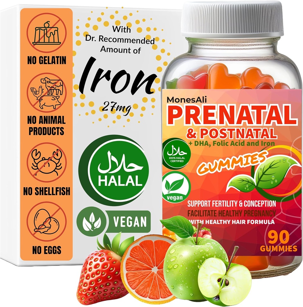 Kadınlar için Prenatal Vitamin Gummies | & Postnatal | Vegan, Halal, Gelatin Free | Folate, Iron & Biotin | Destekler Gebelik, Postpartum Enerji & Saç Sağlığı