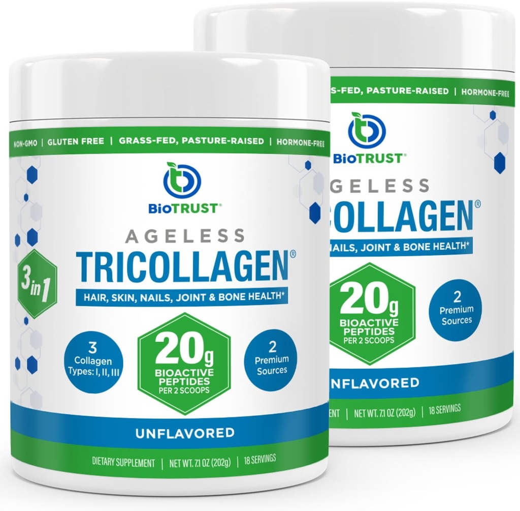 BioTrust Tri Collagen Toz - 3-in-1 Hydrolyzed Collagen Hydro Toz (Types I, II, & III) - Grass Fed Collagen Protein Tozu Anti Aging, Skin, Hair, Bone & Joint Health - Unflavored, 2Pack