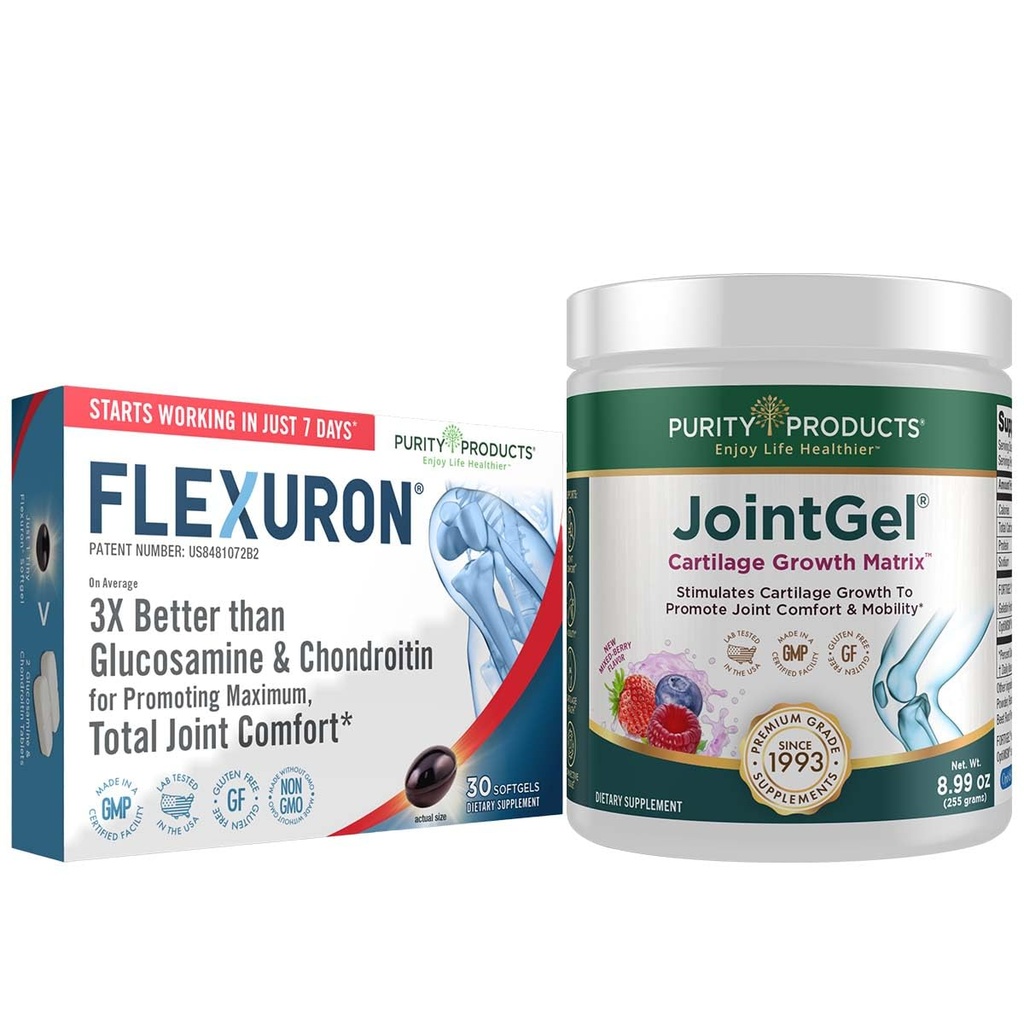 Προϊόντα καθαρότητας Flexuron Joint Formula + Joint Gel Flexuron (Ελαιόλαδο κριλ, Υαλουρονικό οξύ χαμηλού μοριακού βάρους, ασταξανθίνη) - Joint Gel Berry Powder (Bioactive Collagen Peptides + MSM)