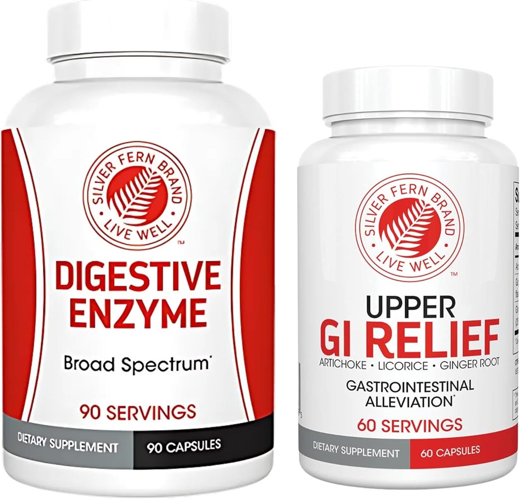 Silver Fern Brand - Upper and Lower GI Digestion Support Kit - GI Relief and Digestive Enzymes Sche