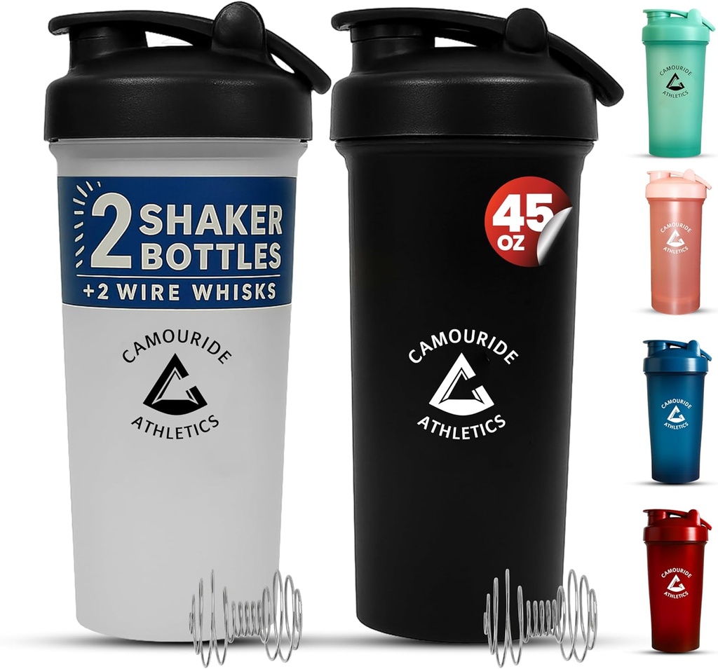 2 Pack 45 oz Protein Shaker Şişeler Tel Whisk ile - Protein-Free, Leak-Proof Shaker Cups for Protein Shakes & Smoothies – Büyük Plastik Mixer Şişe – Classic White & Midnight Black