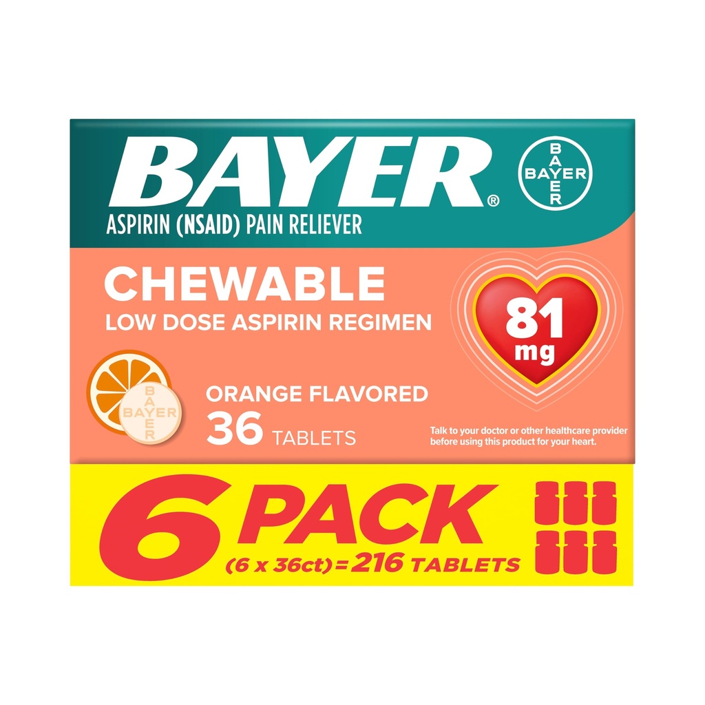 Bayer Ασπιρίνη Χαμηλή Δόση 81 mg Μασώμενα Tabletισκία, Πόνος Αναπνευστήρα, Πορτοκαλί Γεύση, 216 Tabletισκία (6 Συσκευασία)
