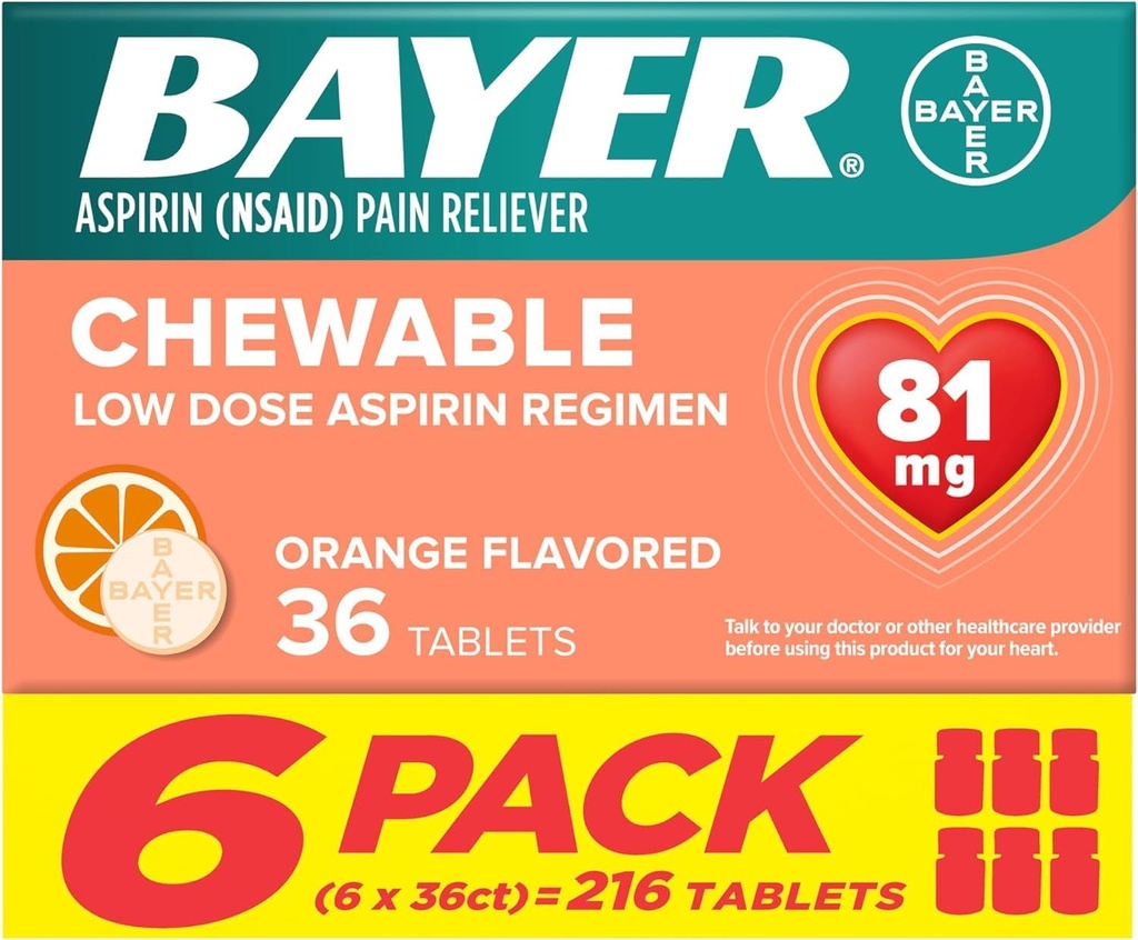Bayer aspirin Low Dose 81 mg Chewable Tabletler, Pain Reliever, Orange Flavored, 216 Tablet (6 Pack)