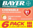 Bayer Ασπιρίνη Χαμηλή Δόση 81 mg Μασώμενα Tabletισκία, Πόνος Αναπνευστήρα, Πορτοκαλί Γεύση, 216 Tabletισκία (6 Συσκευασία)
