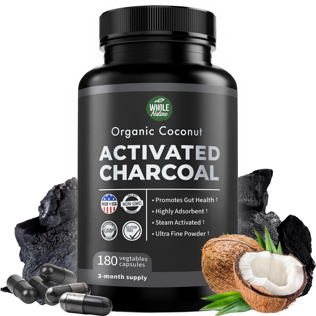 Pure Coconut Aktif Charcoal Capsules - 180 Charcoal Pills, Diş Beyazıt, Bloating ve Body Cleansing ile yardımcı olur. Non-GMO - Gluten Free, Vegan