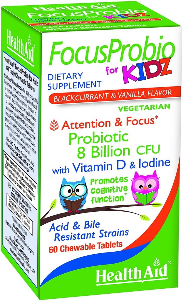 FocusProbio για Kids, 60 μασώμενα δισκία, υποστηρίζει τη γνωστική λειτουργία για την προσοχή και την εστίαση. Blackcurant και Vanilla Flavor, Περιέχει βιταμίνη D & Iodine. Όξινα & ανθεκτικά στη χολή στελέχη. Χορτοφαγικά