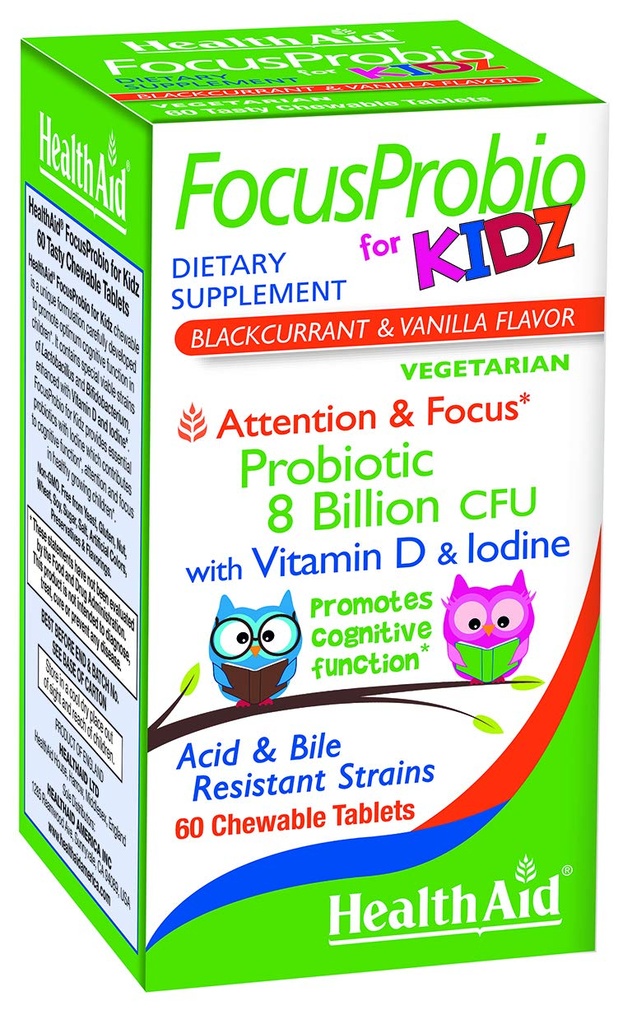 FocusProbio για Kids, 60 μασώμενα δισκία, υποστηρίζει τη γνωστική λειτουργία για την προσοχή και την εστίαση. Blackcurant και Vanilla Flavor, Περιέχει βιταμίνη D & Iodine. Όξινα & ανθεκτικά στη χολή στελέχη. Χορτοφαγικά