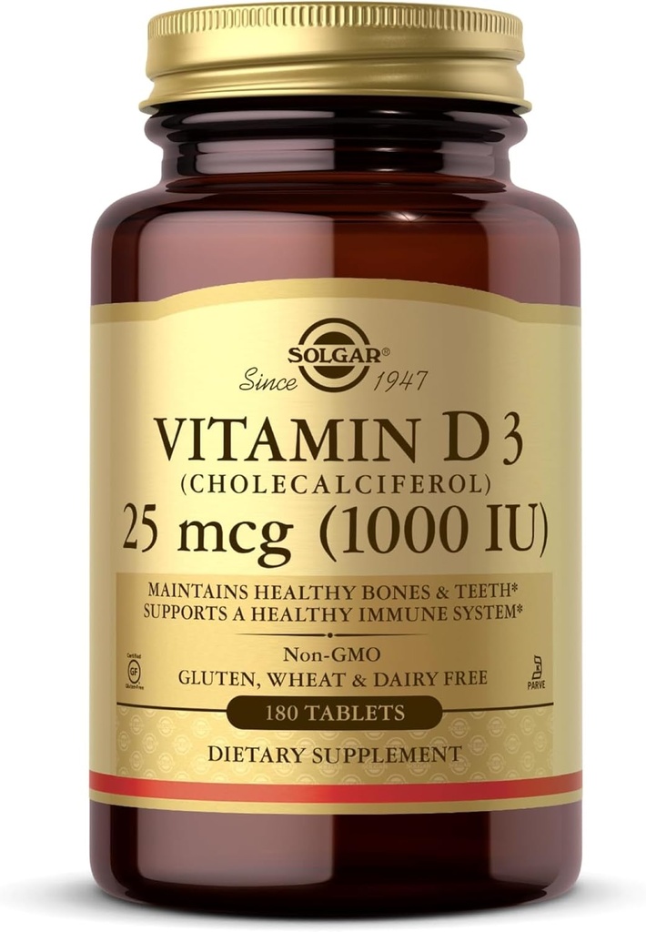 Solgar Vitamin D3 (Cloncalciferol) 25 mcg (1000 IU) – 180 Tablet - Sağlıklı Kemikler ve Dişler - Immune Sistem Desteği - Non-GMO, Gluten Free, Dairy Free, Kosher - 180 Servisler