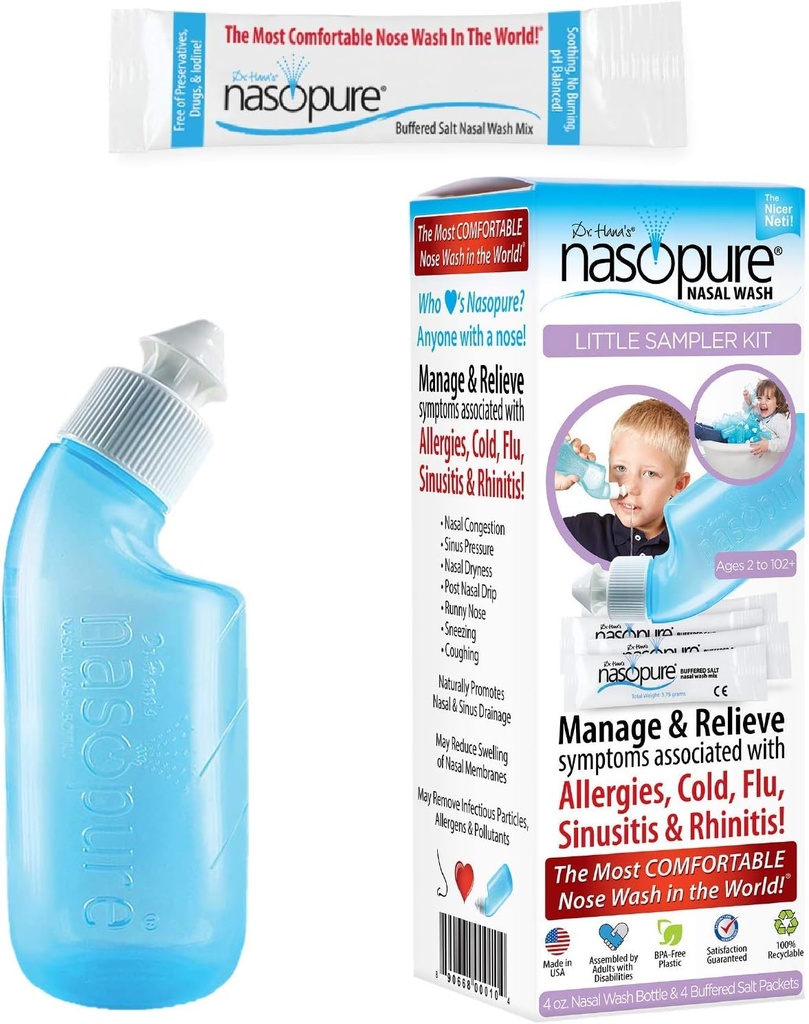 Nasopure Nasal Yıkama, Küçük Örnekr Kit, “The Nicer Neti Pot” Sinus Yıkama Kit, Rahat Nasal Rinse 4 Oz Şişe & 4 Salt Packets (3.75 Gr Her), Nasal Congestion, Cold, Antial Irrigation, Nasal Irrigation
