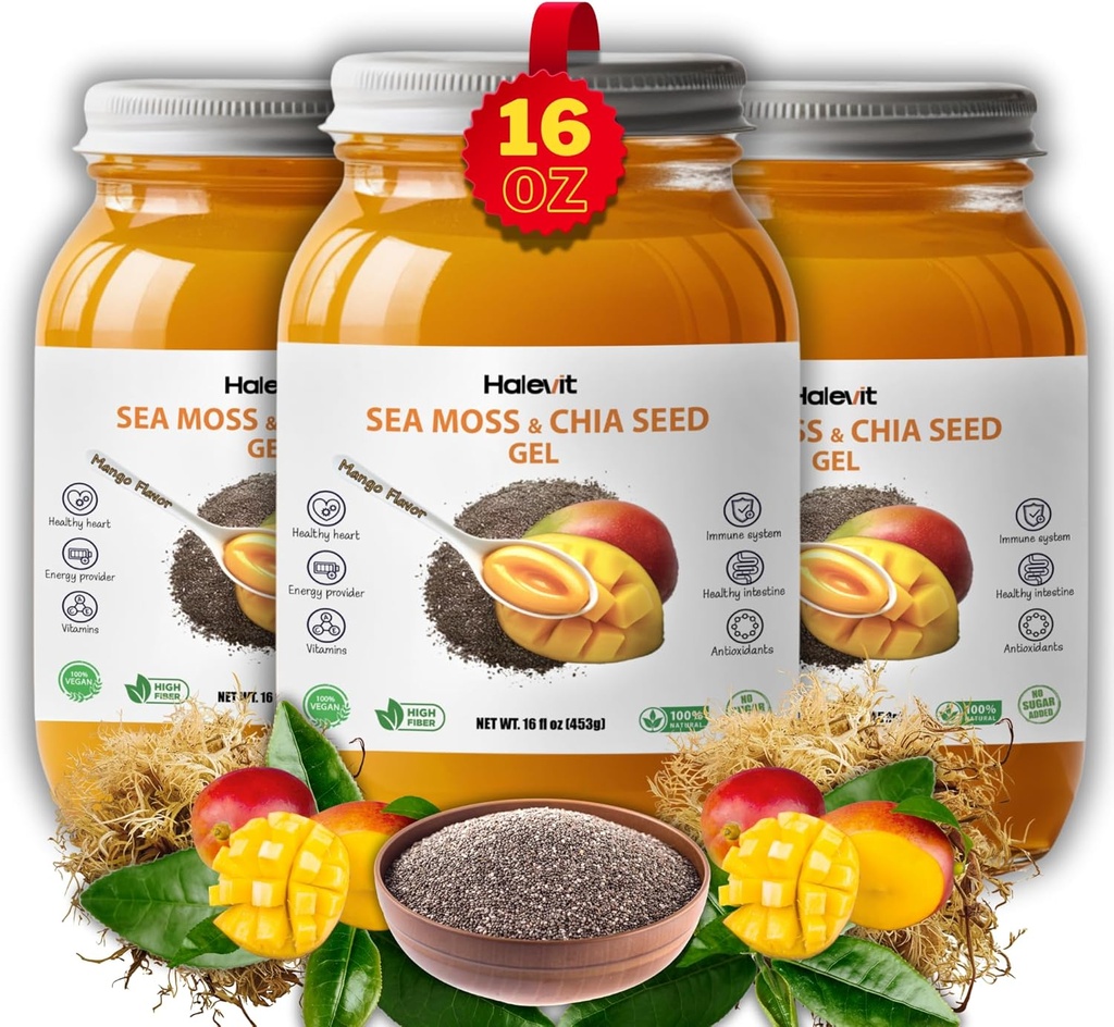 Sea Moss Gel, Ground Chia Seeds, Sea Moss Gel Organik Raw – Natural Iodine Source, Omega-3, Immune & Digestive Support, Vegan Superfood, Mango Flavor, ABD'de 16 ozz
