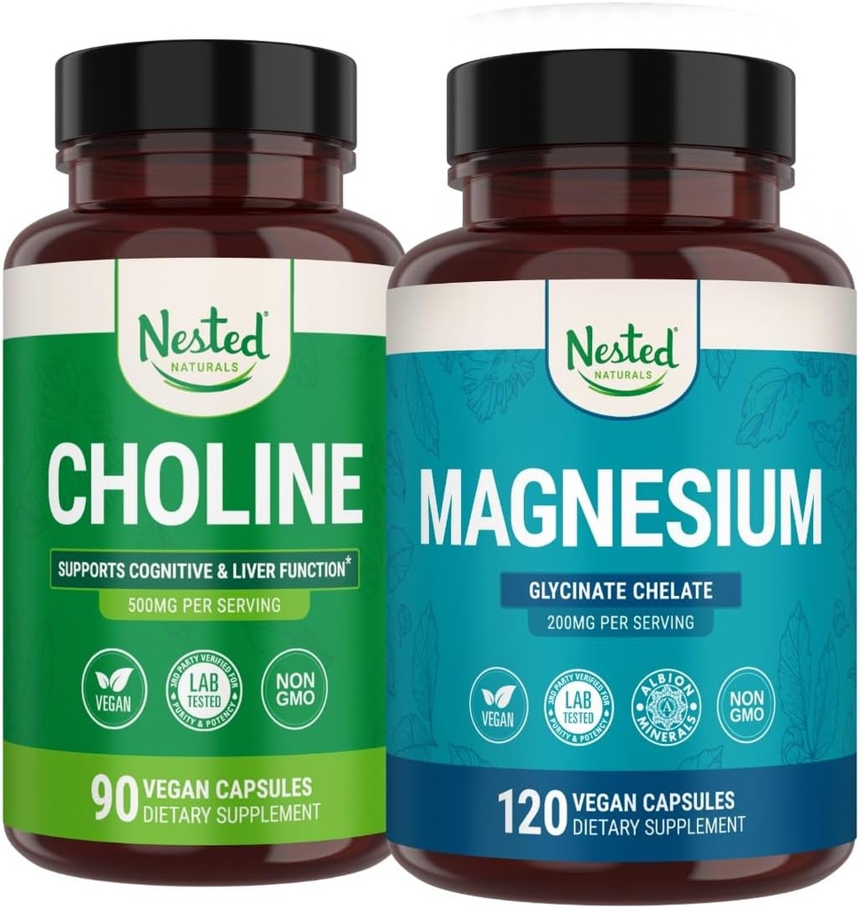 Nested Naturals Choline Bitartrate & Magnezyum Glycinate Chelate Stack | Rahatlama, Uyku Desteği, Bilişsel Performans (210 Kont)