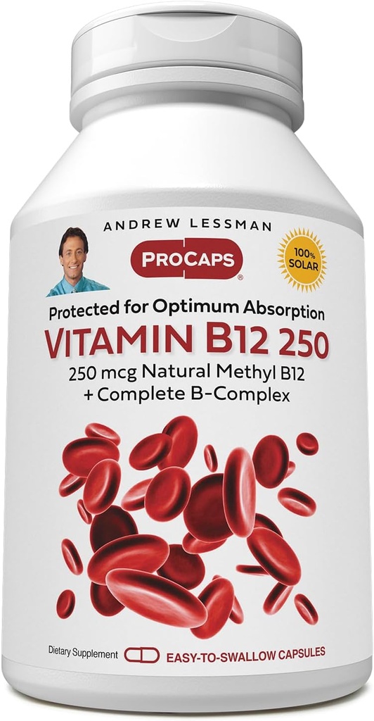 ANDREW LESSMAN Βιταμίνη B12 250 180 Κάψουλες - Απορρόφηση-προστατευόμενη μεθυλοκοβαλαμίνη (Φυσικό συνένζυμο Βιταμίνη B12), Απαραίτητη για την ενέργεια και το στρες Υποστήριξη, Plus B-Complex, Εύκολο στην κατάποση κάψουλες